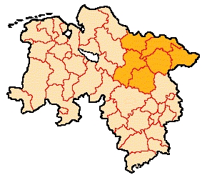 alt="Karte des Landes Niedersachsen eingeteilt nach Landkreisen und Gerichtsbezirken"